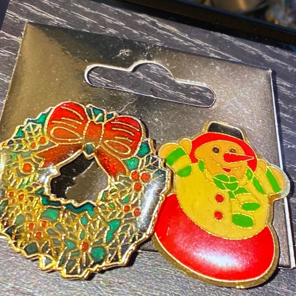 2  vintage enamel tack pins and broach Christmas